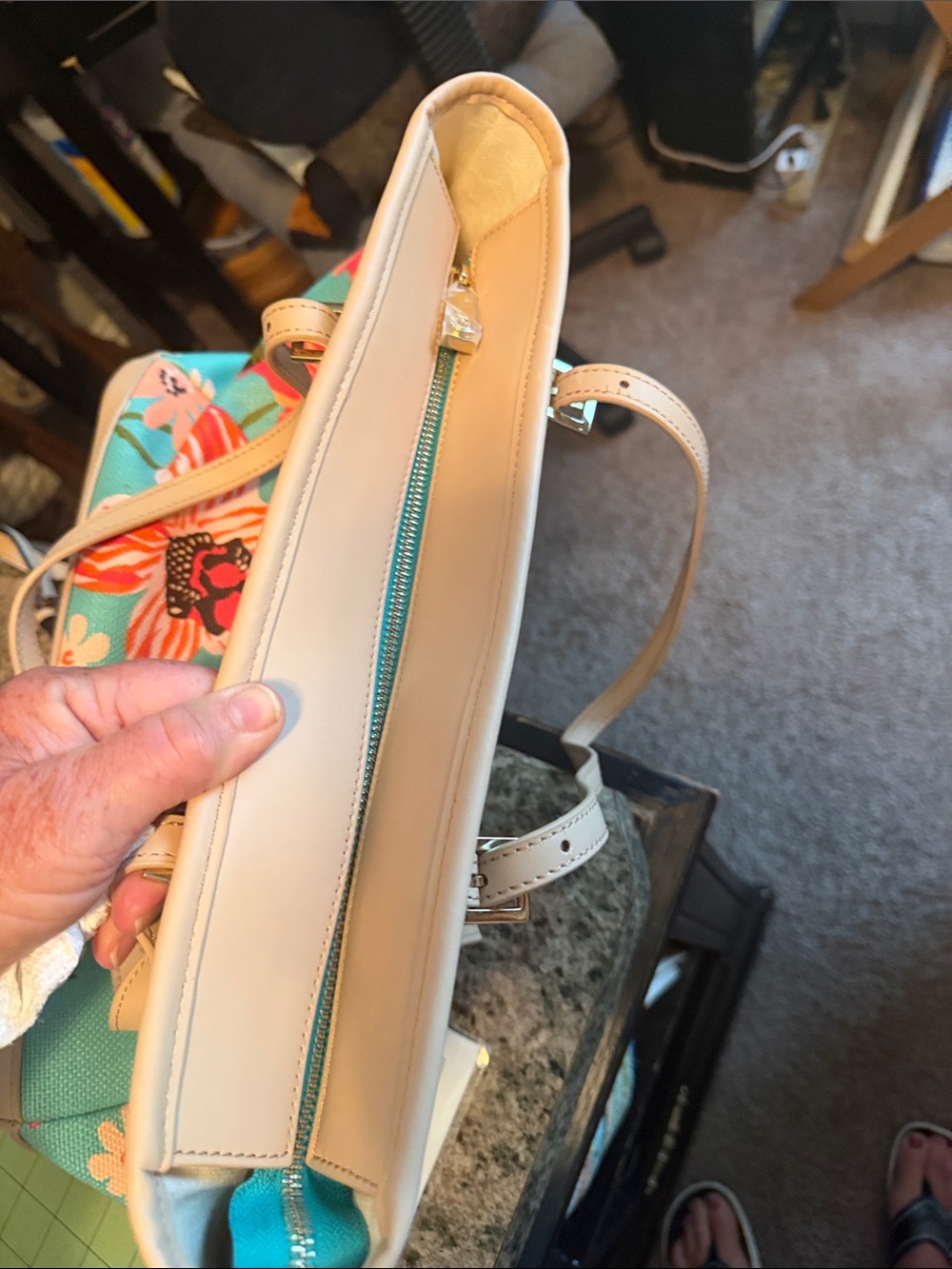 Spartina 449 Blue and Tan Tote Bag with Floral Elegance - Picture 11 of 12